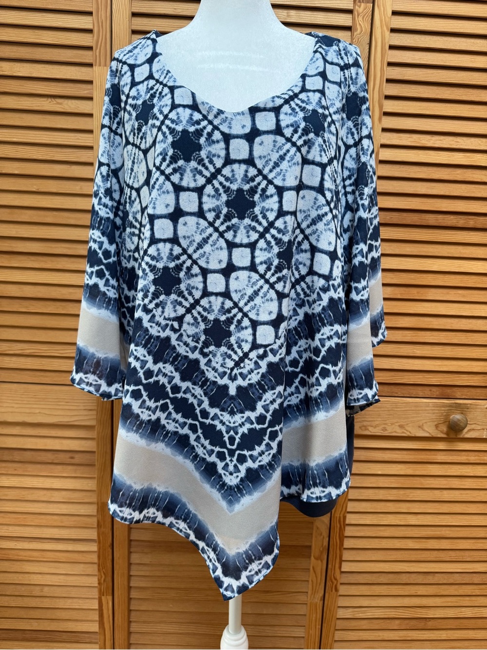 Ruby Rd. Woman Tie-Dye Poncho Layered Blouse Blue Geometric Shibori Plus 1X Boho